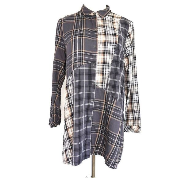 J. Jill Tops - J.Jill Long Multi Plaid Button Down Blouse Tan Black White Size Medium Petite